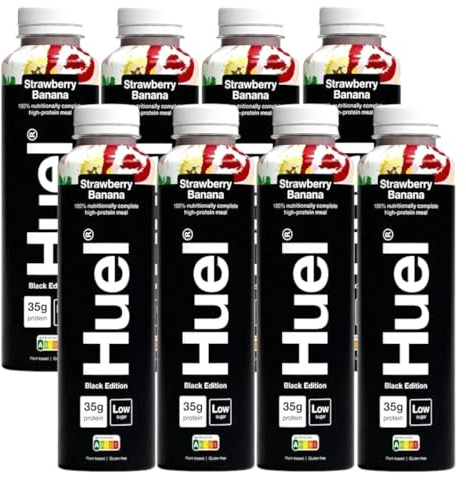 Huel Black Edition Ready-to-Drink | Strawberry Banana Flavour High Protein Drink | 35g Protein Per Bottle | Not Just A Meal Replacement Shake | Complete Nutrition (Pack of 8, Each 500ml)