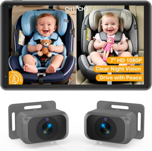 Cámara de coche para bebés para 2 niños - Pantalla dividida de 17,8 cm, cámaras duales HD 1080p, visión nocturna, rotación de 360°, cámara trasera fácil de instalar para mayor seguridad y conveniencia