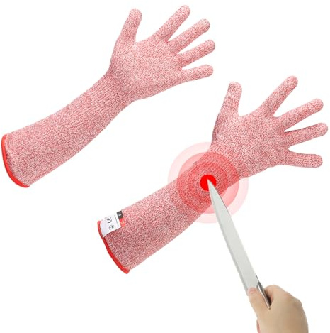 sourcing map Cut Resistant Sleeves with Gloves, 47cm Arm Protection Sleeve HPPE Farmer Gardening Sleeves for Work Kitchen, Welding, Farming, Red