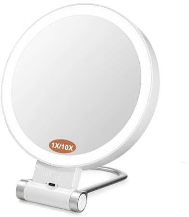 Moorstdel Kosmetikspiegel mit Beleuchtung, 1X/10X Vergrößerungsspiegel mit Licht, Schminkspiegel Doppelseitige mit 3 Farbigem, Vergrößerungsspiegel Dimmbarer LED, Faltbarer Kosmetikspiegel, Weiß