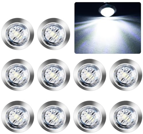 10 stycken 3/4 tum bil runda LED-sidolampor 1,9 cm sidomarkeringsljus 12 V 24 V universell indikatorlampa markeringslampor positionslampor för släpvagnar lastbilar lastbil (vit med kromtyglar)