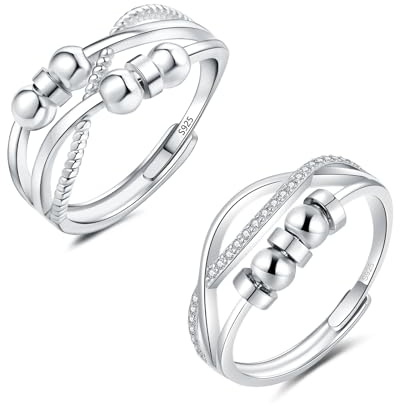 Bewenda Silver Anxiety Ring Set, 2PCS 925 Sterling Silver Anti-Stress Rings, Adjustable Open Stress Relief Ring Set, Spinner Bead Rings with Cubic Zirconia, Stressring Fidget Rings for Anxiety Stress