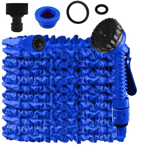 Bosmsaslad 50FT/15M Gartenschlauch Flexibel, Wasserschlauch Dehnbar Flexibler Schlauch Anschluss mit 7 Funktionen Garten Handbraus für Garten Haustier Autowäsche (Blau)