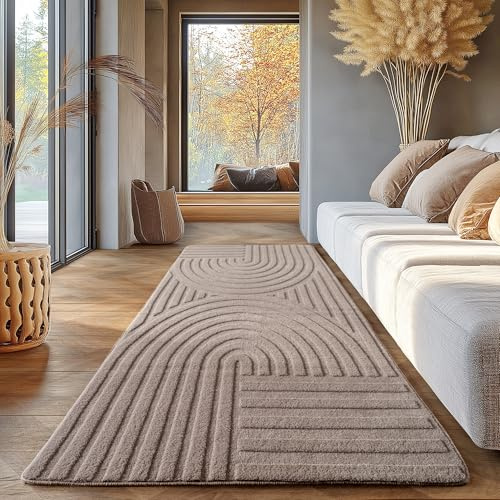 SIMPEX Boho Teppich Läufer 80 x 150 cm Beige, Waschbar & Pflegeleicht, Weicher Skandinavischer Deko Teppich mit 3D-Effekt, Ideal für Flur, Küche oder Schlafzimmer