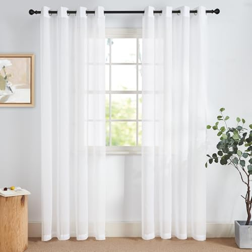 NICETOWN Vorhang Weiß Transparent Ösen Gardinen Wohnzimmer Modern Curtains | Voile Gardine, H 225 x B 140 cm, 2er Set, Weiss Ösenvorhänge, Modern Leinenoptik Vorhang, Curtains for Bedroom, Lichtfilternd