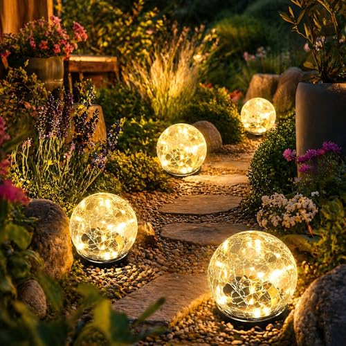Kizozo Lampade solari per esterni, 4 pezzi, luce solare a sfera, 12 cm, lampade solari da giardino, IP55, impermeabili, per esterni, lampade solari da giardino con 30 LED, luci da pavimento, per