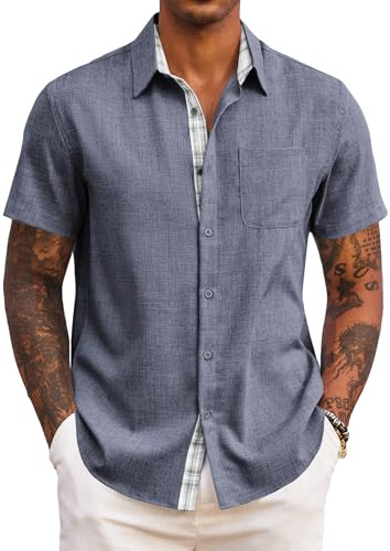 COOFANDY Mens Shirts Short Sleeves Summer Shirts for Men UK Holiday Beach Shirt with Pocket Dark Blue XL