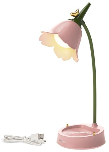 SKIKHN LED Flower Desk Lamp,USB Rechargeable Desk Lamp,Cordless Table Light,3 Color Modes Dimmable Touch Table Light,Bedside Reading Lamps, Pink Reading Light for Kids Boys Girls College Dorm Bedroom