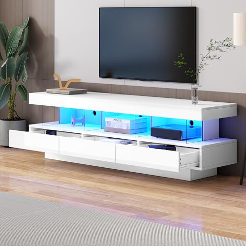 OKMYHOME Meuble TV LED avec Éclairage Intégré, Contrôle Via Application et Compartiments en Verre, Banc TV Moderne MDF - Blanc - 160×38×50,5 cm