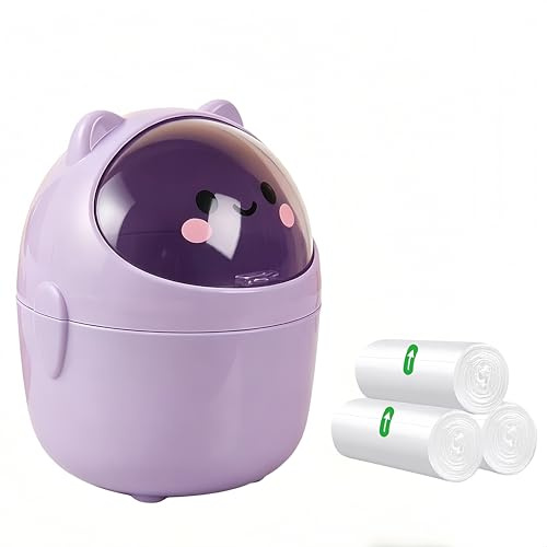 Mini Trash Can, Creative Tiny Desk Bin with 3 Rolls of Bin Liners, Cute Desktop Wastebasket with Flip Lid, Cartoon Plastic Countertop Garbage Can for Bedroom, Kitchen, Office (Purple)