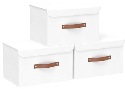 Yawinhe 3 Pack Caja Almacenaje con Tapa,Blanco Almacenaj Ropa 26x20x17cm | Lavable Organizadoras de Tela;Contenedor Organizadoras de Tejidos con Mango;Plegables y Apilables Cestas de Almacenaje