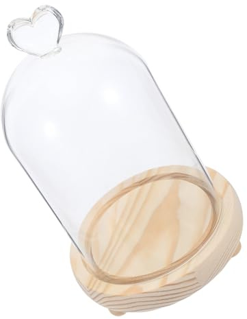 FUTUREORYY Cúpula de Vidrio con Base de Madera y Luz LED Cálida, Campana Decorativa en Forma de Corazón 10x15 Cm para Protección de Artesanías y Plantas, Cubierta Protectora para Decoración