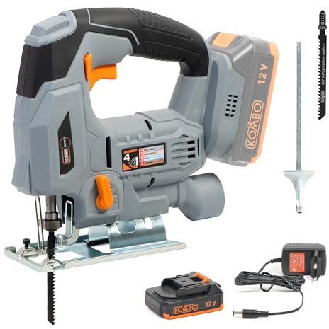 KOMBO SMART batteridriven bågfil, 12 V 2,0 Ah, trådlös, SDS-sågblad, träskärning, 55 mm metall, 6 mm, guide 0–45°, med batteri och laddare ingår