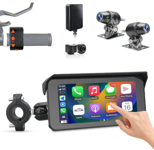 VSYSTO Dual 2K Wireless CarPlay Dashcam per moto con, Touchscreen da 6,25 pollici, Wi-Fi 5G, Monitoraggio Parcheggio, TPMS, Modalità Retromarcia, GPS, Controller Cablato, indicatore di Temperatura
