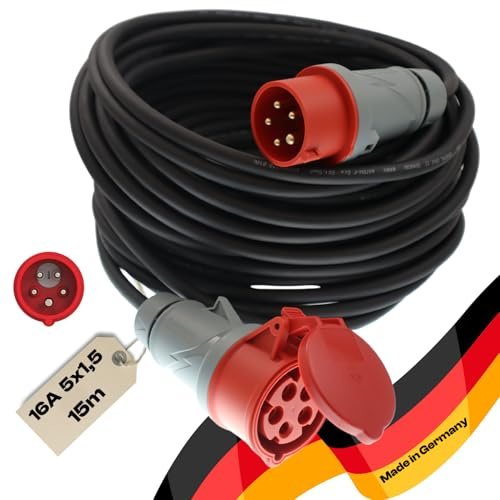 netbote24 maxgo CEE Verlängerungskabel Starkstromkabel H07RN-F 5x1,5mm² 16A 400V Flexibles wetterfestes Industriekabel mit Phasenwender MENNEKES 5P Gummiverlängerung 15m