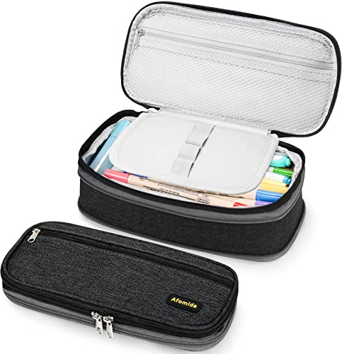 Afomida Trousse Pliable Grande Capacité Fournitures Scolaires Bureau Pour Garçon Fille Ado Étudiant avec Fermeture à Glissière, Gris foncé