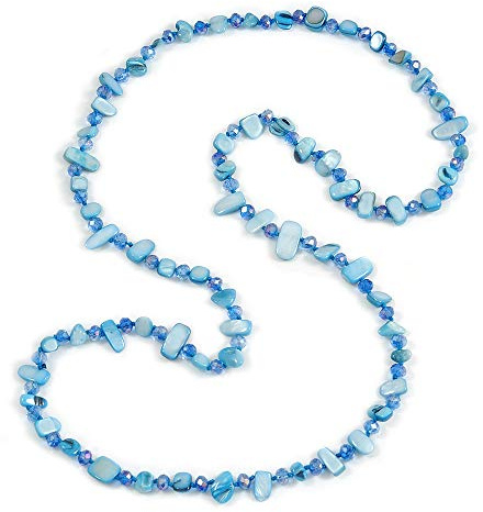 Avalaya Collar de plastrón largo de perlas de cristal y concha azul celeste, 110 cm, cristal de concha, Cristal concha
