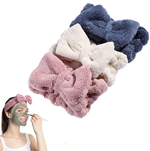 3 Stück Bowknot Haarbänder Elastische, Frauen Mode Plüsch Stirnband, Makeup Stirnbänder, Spa Stirnband Süßen, Süßes Haarband für Spa, Yoga, Gesichtsreinigung und Pflege(Blau Rosa Weiß)