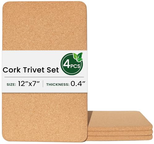 KITWILD High Density Rectangle Thick Cork Trivets, 12x7 Inch, 4 Pcs | For Hot Dishes, Plates, and Kitchen Countertops, Fine Particle, Heat Resistant Cork Coaster