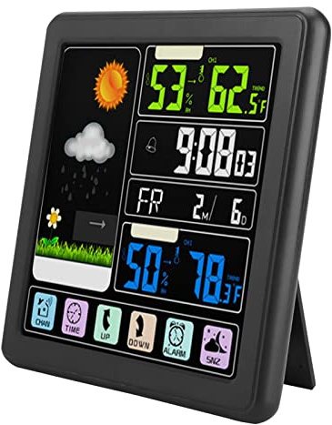 Dpofirs Stazione Meteorologica Multifunzione, Termometro Esterno per Interni Wireless, Orologio Meteorologico con Touch Screen Completo, Monitor Barometro 'umidità per la Casa (BLACK)