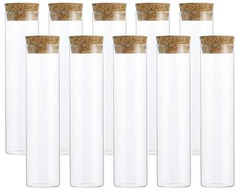 PATIKIL 60ml Test Tubes, 10pcs 4.72x1.18in Glass Clear Flat Bottom Test Tube Containers with Cork Stopper for Bead Party Candy Bath Salt Storage Scientific Experiment Plant Propagation