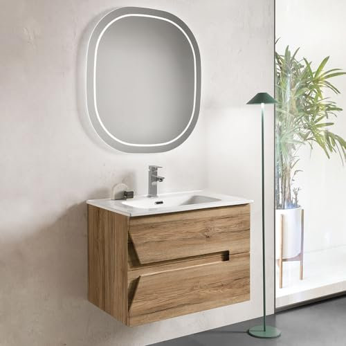 Liberoshopping Mobile bagno in legno sospeso HAITI con lavabo (Rovere Nodi, Base 70 cm)