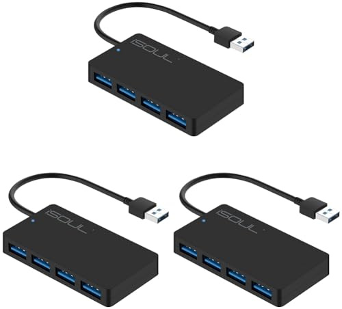iSOUL USB Hub 3.0 4-Port Ultra-Slim USB A Hub 0.6ft Multiport Extended Data Cable, USB Splitter for PC, MacBook, PS4, PS5, Xbox, Playstation, Mac, Laptop, iMac [USB Adapter, USB Extender] (Pack of 3)