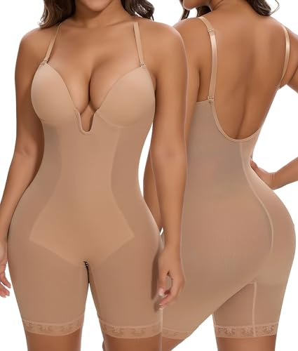 SHAPERIN Women's Low Back Shapewear U Plunge Tummy Control Full Body Shaper Built in Bra Shapewear Bodysuit Beige L