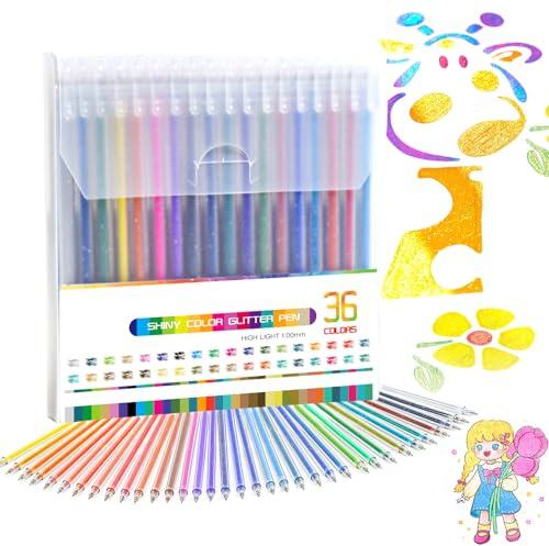 Elezeal Glitzer-Gelschreiber, verschiedene metallische Gelstifte mit 1,0 mm Spitze, farbiger glänzender Stift für Erwachsene, zum Malen, Kritzeln, Zeichnen, Schreiben, Notieren (36 Stück)
