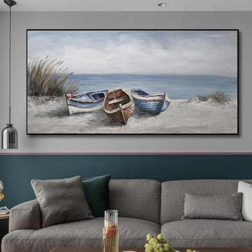CHAOJIART Ölgemälde mit 3 Booten, Druck auf Leinwand, nordisches Poster, abstraktes Meer, Strand, Schiff, Bilder für Wohnzimmer, Zuhause, Wandkunst, dekorativ, 70 x 140 cm, rahmenlos