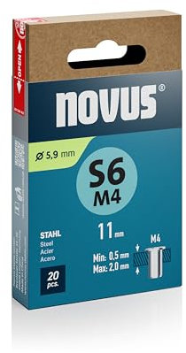 NOVUS TOOLS Dadi per rivetti ciechi in acciaio, diametro 5,9 mm, filettatura M4, lunghezza 11 mm, 20 dadi rivetti, lunghezza morsetto 0,5 – 2,0 mm, ideale per fissaggio in lamiere di acciaio e