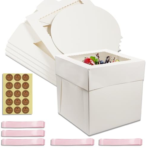 Bliceon 10 Inch Cake Box, 5 Pcs White Square Tall Cake Box, Windowed Gift Boxs, for Party, Birthday, Bakery, Cookies, Wedding or Special Events