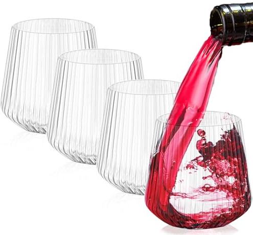 Exquilnova 4er-Set 400 ml Weingläser Kunststoff, Plastik Weingläser Mehrweg, Tragbare Camping Gläser Unzerbrechlich, Transparenter Kunststoffgläser mit Geriffelt für Familie, Camping, Party (4er Set)