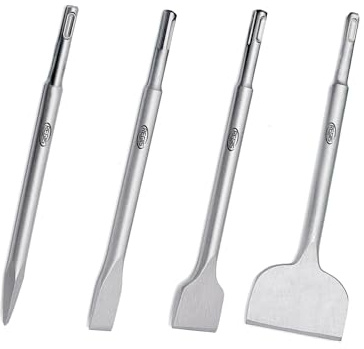 Regiis Tech 4 pcs SDS Plus Chisel Set, Masonry Concrete Drill Bit Set, Tile Removal Chisel Bits for Rotary Hammer with Point Flat Wide Tile Inclined Grooving Scraping Scaling Chisels