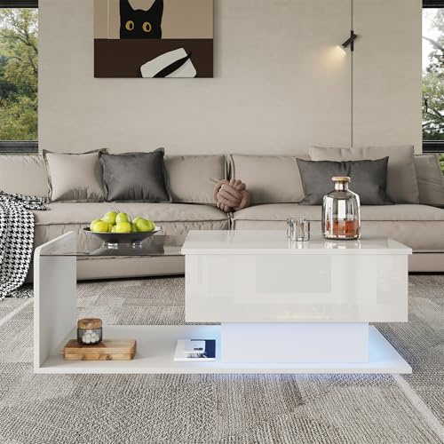 Mesa de centro blanco brillante con tablero de cristal, mesa auxiliar de diseño moderno
