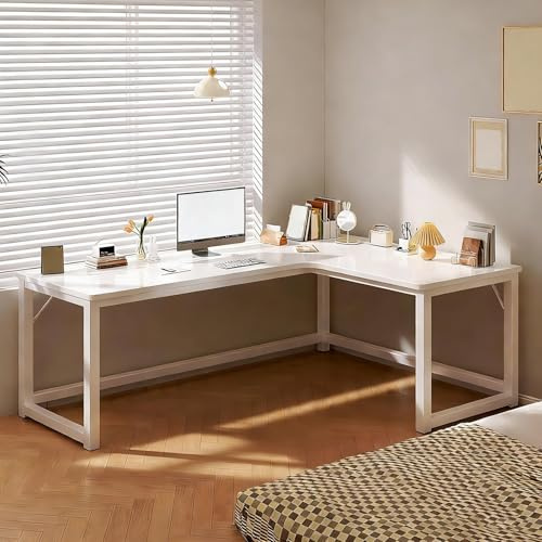 L-förmiger Computertisch, Eckschreibtisch, Home-Studiertisch, Schreibtisch mit einer Tragkraft von 200 kg und einem Drahtlochdesign, geeignet für Home-Office, Schlafzimmer, Wohnzimmer White,140*120