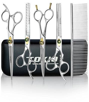 Dog Scissors Professional Dog Grooming Scissors Set Kit 7.5 Pet Grooming Scissors for Dogs, Cats, Rabbit & All Pets,Curved & Straight Scissors, Thinning Scissors(5 Pieces Set)(Large)(Japanese Steel)