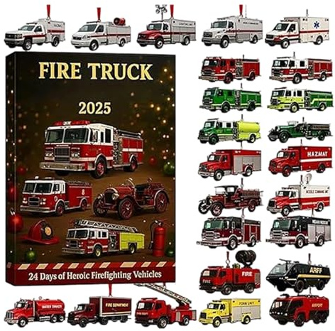 Calendrier De L'Avent 2025, Camion Pompiers Avents Calendriers 2025, 24 Days 2D Acrylic Ornaments With Countdown, Camion Pompiers Ornement Noël Rebours Calendrier For Tree Window Wall Door