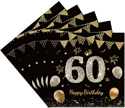 Gleemix 60 Geburtstag Deko Servietten Schwarz Gold, 20 Stück Happy Birthday 60 Geburtstags Mann 60 Geburtstag Frau, Tischdeko Geburtstags Servietten Gold, Für Geburtstagsdeko Mann Partydeko Jubiläum