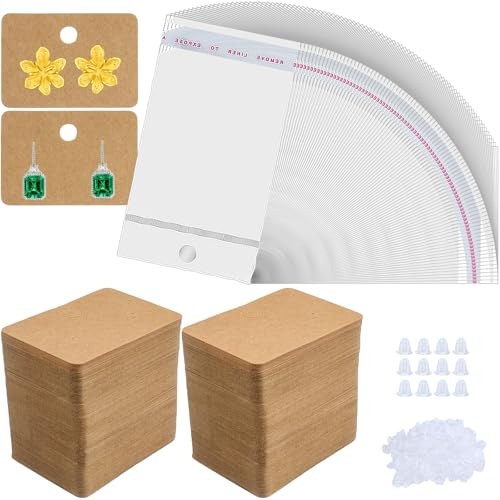 LHNNDM 500Pcs Earring Cards Kit, Earring Display Cards Assorment Kit for Stud & Dangle Jewelry Packaging, containing Display Cards、Self-Sealing Bags、Earplugs (Kraft paper color, 1.97 × 1.38inches)