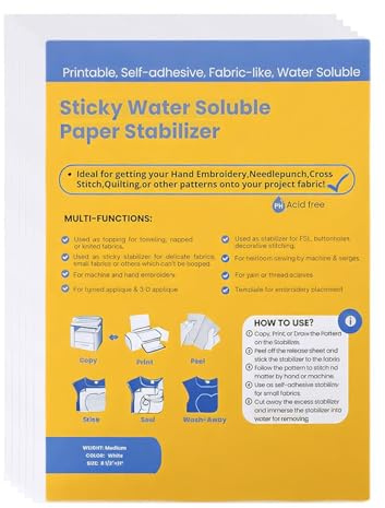 Water Soluble Stick and Stitch Embroidery Paper, Printable Self-Adhesive Water-Soluble Embroidery Paper for Easy Removal, Water Soluble Embroidery stabilizer, Ideal for All Embroidery Patterns