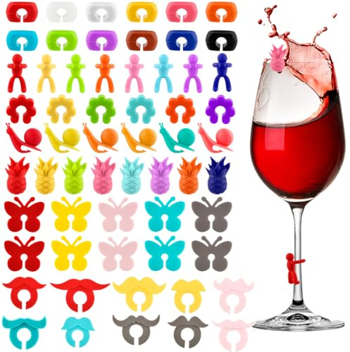 60Stk Glasmarkierer,Silikon Glasmarker Trinkgläser Glasmarkierer SilikonWiederverwendbar Glasmarkierung,Wein Marker Weinglasmarkierer Getränke Markierer für Weinglas Cocktailglas im Party Christmas