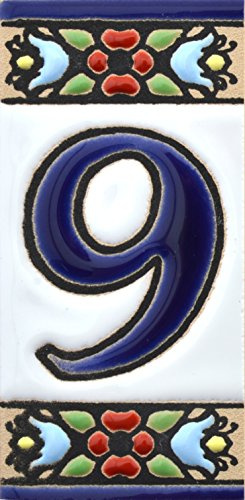 House numbers 3 inch. Handpainted house number tiles for signs, addresses and names. Address numbers for houses. House address numbers and letters. Design FLORES MINI 2,87 x 1,38 (NUMBER 9)