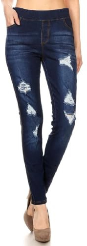 Women's Stretch Pull-On Skinny Jeans Ripped Distressed Denim Jeggings (US XL Dark Blue Denim)