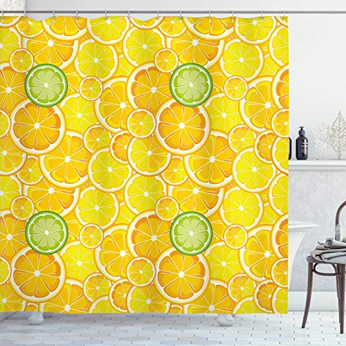 ABAKUHAUS Obst Duschvorhang, Lemon orange Kreise, Stoffliches Gewebe Badezimmerdekorationsset mit Haken, 175 x 180 cm, Gelb Weiß und Grün