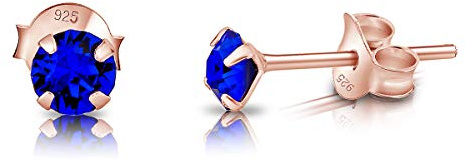 Pendientes de Botón Plata Ley 925 Chapados Oro Rosa 18K on Cristales Brillantes Azul 4 mm - Pendientes Dorados para Mujer - Punto de Luz Hipoalergénicos