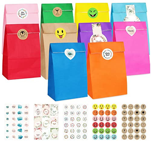 Adorfine Papiertüten 60 Stück Bunte Geschenktüten mit 105 Aufkleber 24x 13cm Klein Partytüten Candy Tüten für Verpacken von Geschenken Giveaways Kindergeburtstag Hochzeit Geburtstag Feier