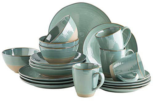 MÄSER Serie Nottingham - Set di stoviglie vintage per 4 persone, servizio combinato da 20 pezzi con forme irregolari rotonde in stile retrò, in gres, turchese e verde