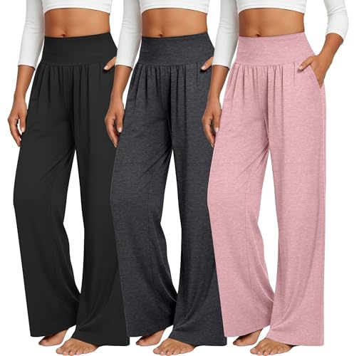 Neer Paquete de 3 Pantalones de Yoga de Pierna Ancha para Mujer Pantalones Cómodos para Estar en Casa con Bolsillos(M,Black, Dark Gray, Pink)