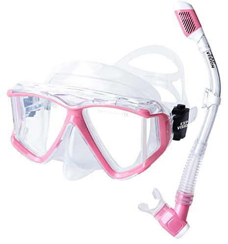 Schnorchelset Schnorchelausrüstung für Erwachsene, Professionelle Anti-Beschlag-Schnorchelmaske, Trockenschnorchel Tauchmaske für Freitauchen,Schnorcheln,Schwimmen (Rosa Schnorchelset-Pano 4)